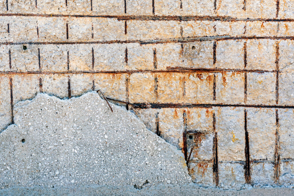 Close-up of a weathered concrete wall with visible rusting reinforcement bars and chipping surface, showcasing signs of structural aging and the need for potential repair or reinforcement.