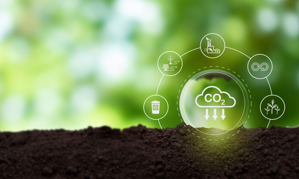 Conceptual image featuring a cross-section of soil with a transparent overlay of CO2 and sustainability icons, set against a blurred green background, symbolizing environmental focus on carbon footprint and ecological conservation.