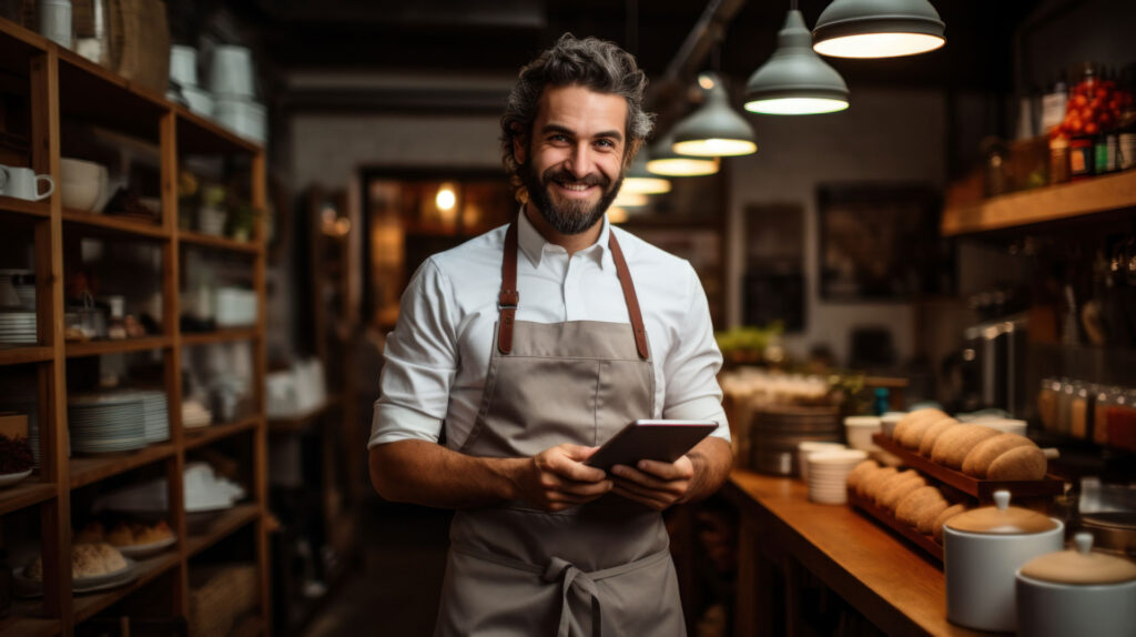 A friendly male barista with a beard and curly hair, wearing a white shirt and gray apron with leather straps, stands in a cozy cafe environment. He holds a digital tablet, smiling confidently at the camera. The warm, ambient lighting highlights an array of fresh bread and organized shelves in the background, creating an inviting atmosphere.