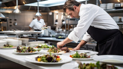 A focused male chef in a professional kitchen garnishing plates of salad with precision, wearing a white chef's coat and black apron. In the blurred background, another chef is busy preparing dishes, highlighting the bustling environment of a commercial kitchen.