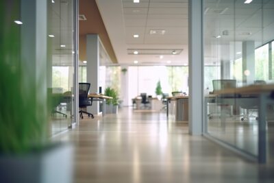 Open office space with windows and lots of natural light. Various work spaces with desks and chairs, hard surface flooring and a plant in the foreground.