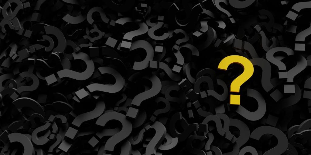 A dense background of black question marks with a single yellow question mark standing out on the right side, creating a contrast that draws attention.