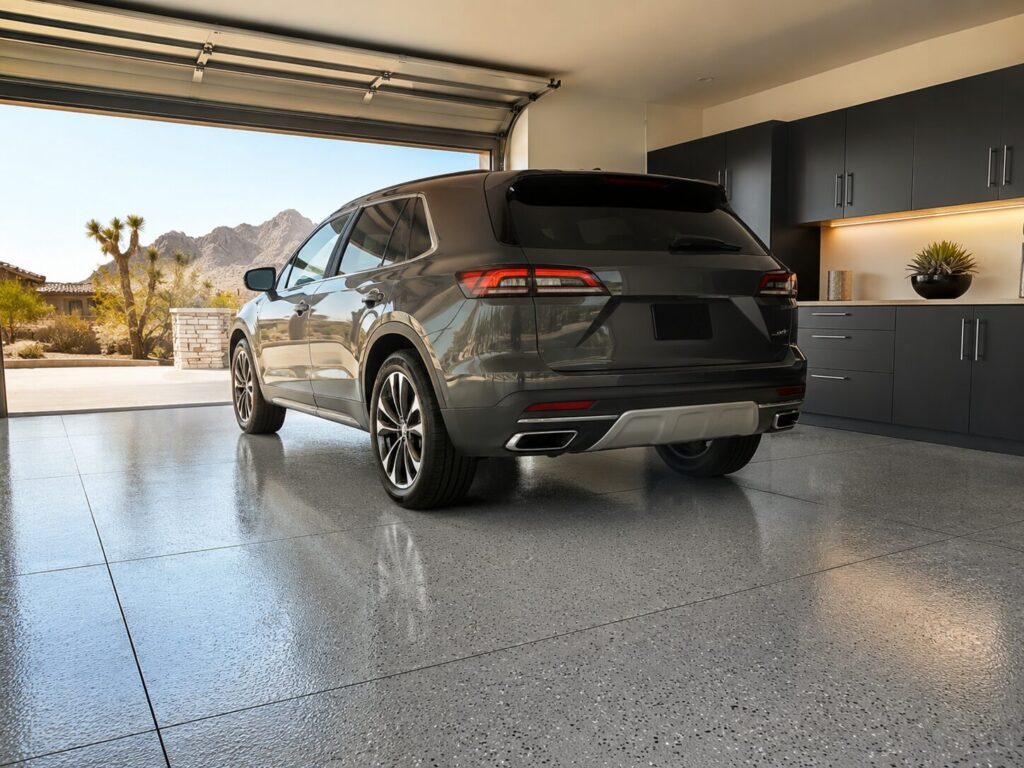 Modern Nevada garage with a vehicle parked on a glossy gray epoxy-coated concrete floor