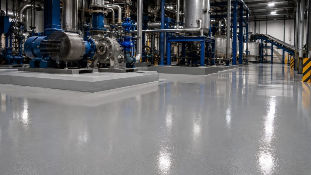 Clean industrial manufacturing facility with a smooth glossy epoxy-coated concrete floor in the foreground, large pumps and compressors to the left, conveyor equipment and piping throughout the background, and subtle motion blur around machinery suggesting vibration.