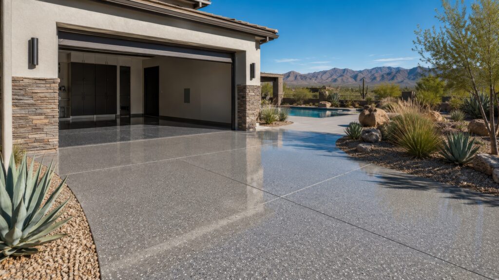 Modern Nevada home on a bright summer day with a glossy epoxy-coated garage floor flowing into a clean reflective epoxy driveway, a pool deck and swimming pool in the background, desert landscaping with rocks and drought-tolerant plants, and mountains beneath a clear blue sky.