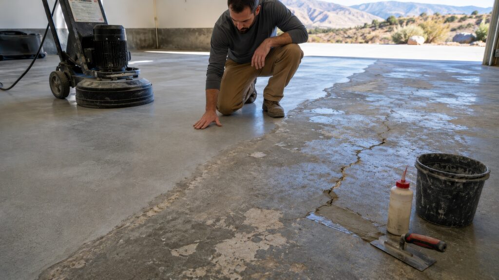 Flooring professional inspecting cracks and surface conditions on a concrete garage floor before coating preparation.