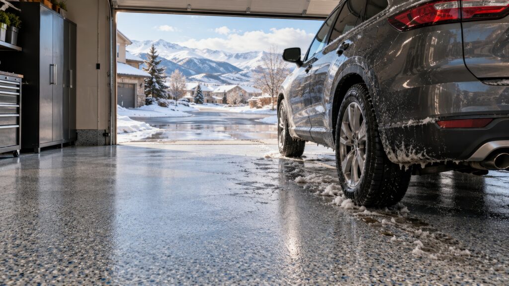 Professional decorative flake epoxy garage floor with melting snow and road slush from a vehicle during a Nevada winter.