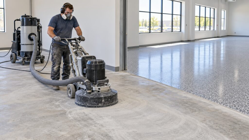 Professional installer using a diamond grinder with dust extraction to prepare concrete beside a finished gray flake epoxy floor.